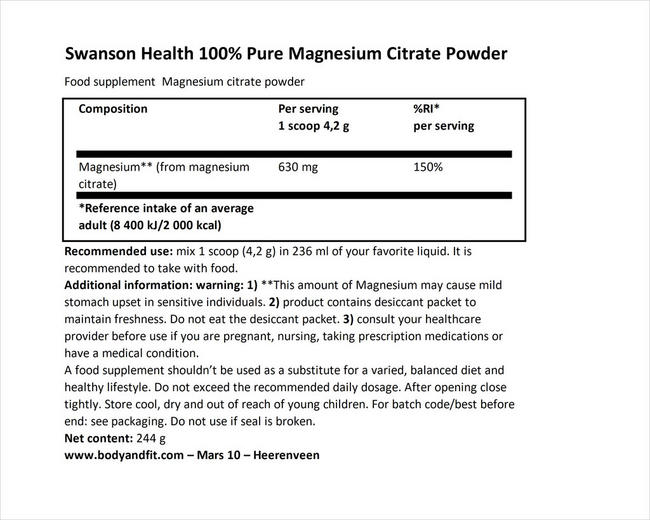 100% Pure Magnesium Citrate Powder Nutritional Information 1