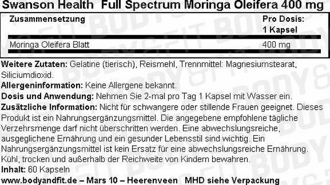 Full Spectrum Moringa Oleifera 400 mg Nutritional Information 1