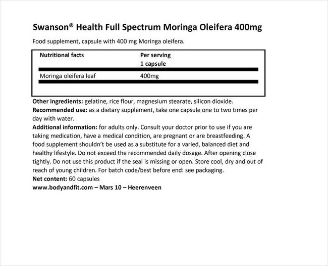 Full Spectrum Moringa Oleifera 400mg Nutritional Information 1