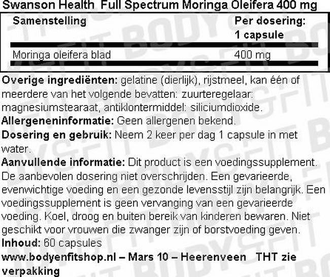 Full Spectrum Moringa Oleifera 400mg Nutritional Information 1