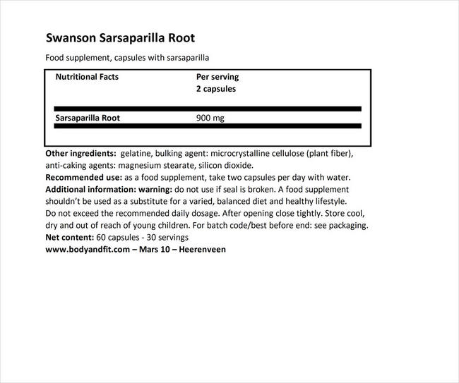 Sarsaparilla 450mg Nutritional Information 1