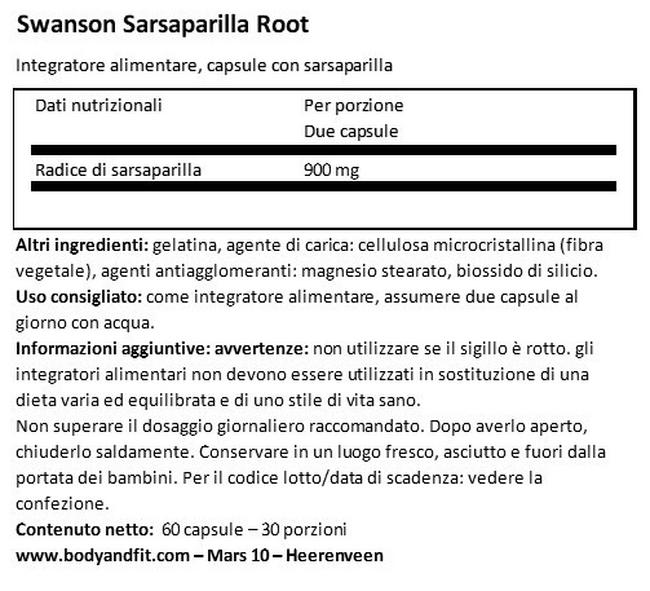 Sarsaparilla 450 mg Nutritional Information 1