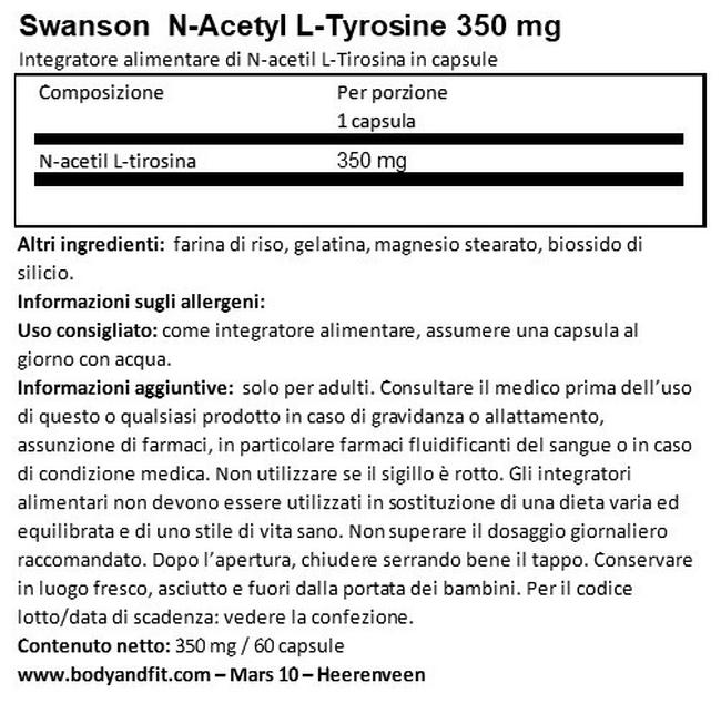 N-acetil L-tirosina 350 mg Nutritional Information 1
