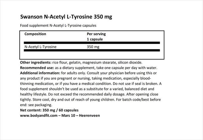 N アセチル L チロシン 350mg Swanson Health Body Fit