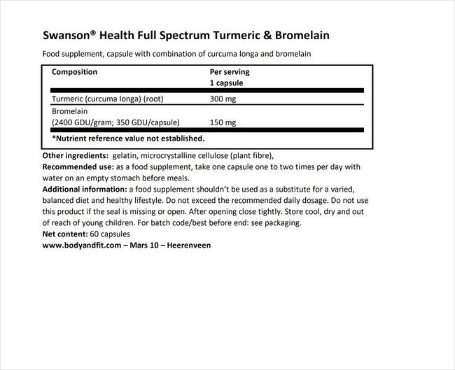 Full Spectrum Turmeric & Bromelain Nutritional Information 1