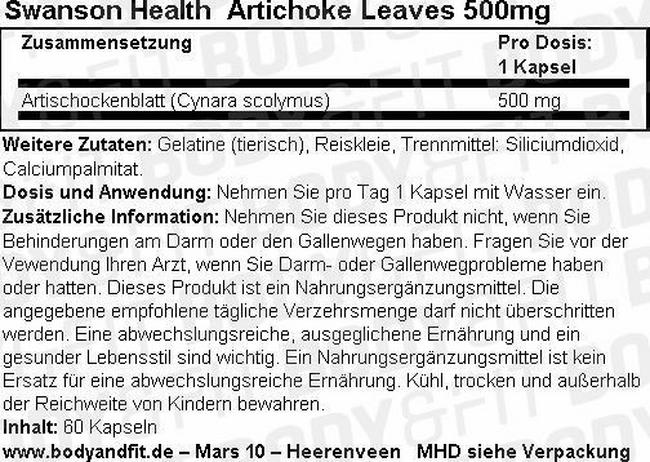 Artichoke Leaves 500 mg Nutritional Information 1