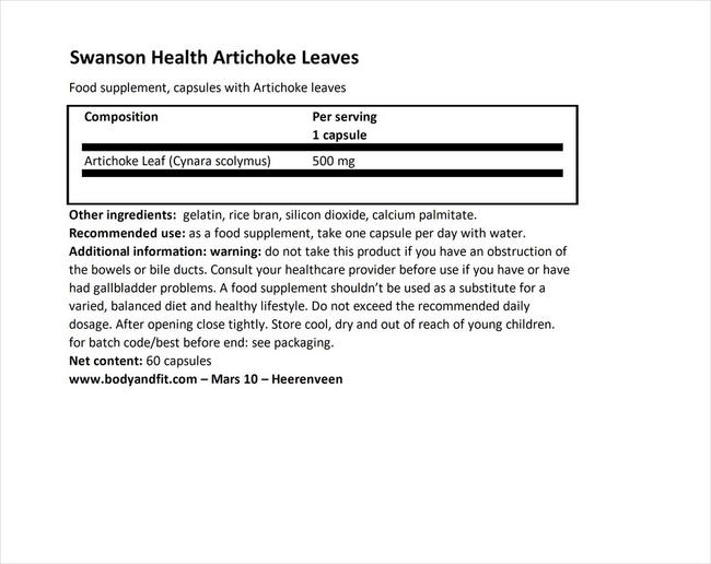 Artichoke Leaves 500mg Nutritional Information 1