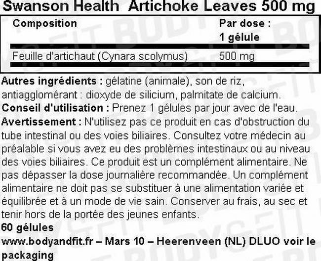 Feuilles d'artichaut 500mg Nutritional Information 1