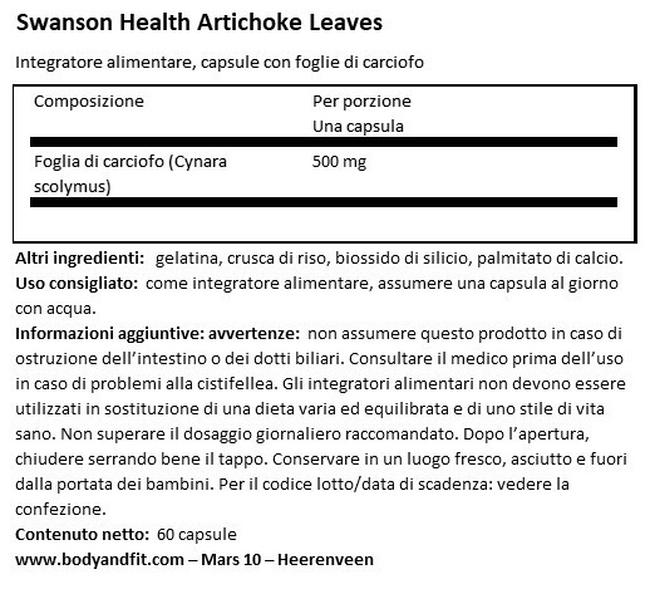 Foglia di Carciofo 500 mg Nutritional Information 1