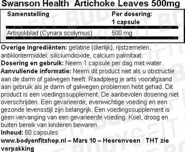Artichoke Leaves 500mg Nutritional Information 1