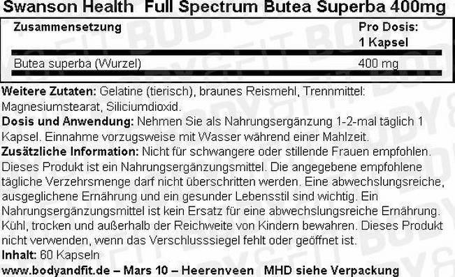 Full Spectrum Butea Superba 400 mg Nutritional Information 1