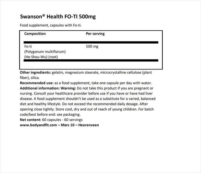 Complément alimentaire Fo-ti 500 mg Nutritional Information 1