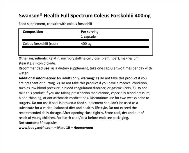 Full Spectrum Coleus Forskohlii 400mg Nutritional Information 1