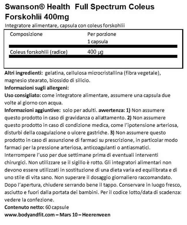 Full Spectrum Coleus Forskohlii 400 mg Nutritional Information 1
