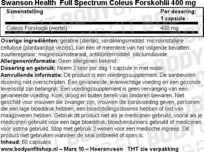Full Spectrum Coleus Forskohlii 400 mg Nutritional Information 1