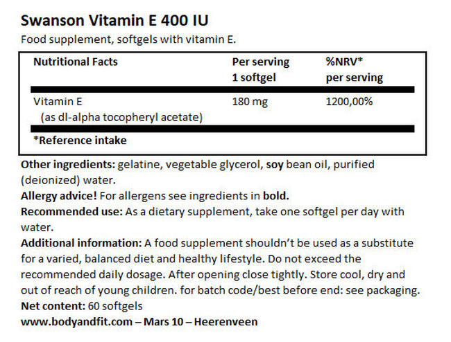 Vitamin E 400IU Nutritional Information 1