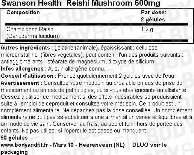 Reishi Mushroom 600mg Nutritional Information 1
