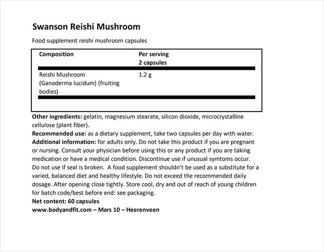 レイシマッシュルーム 600mg Nutritional Information 1