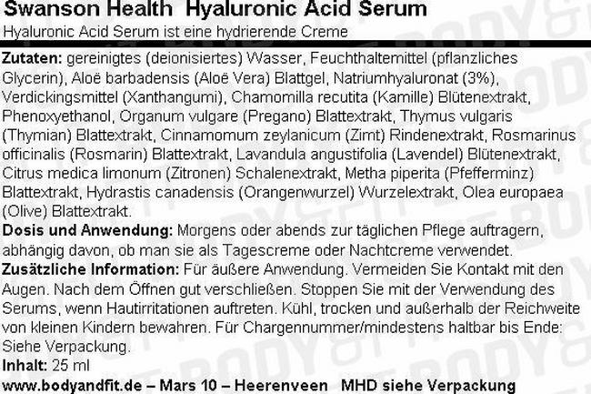 Hyaluronic Acid Serum Nutritional Information 1