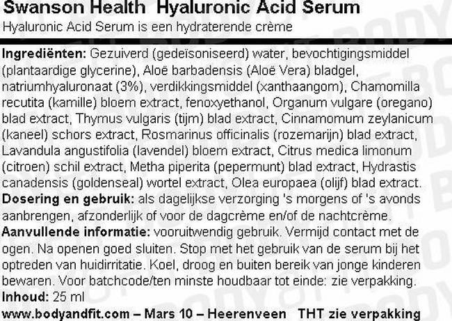 Hyaluronic Acid Serum Nutritional Information 1