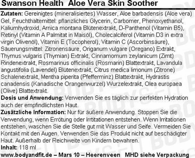 Aloe Vera Skin Soother Nutritional Information 1