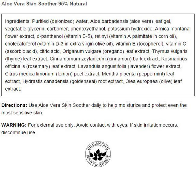 Gel rafraîchissant Aloe Vera Skin Soother Nutritional Information 1