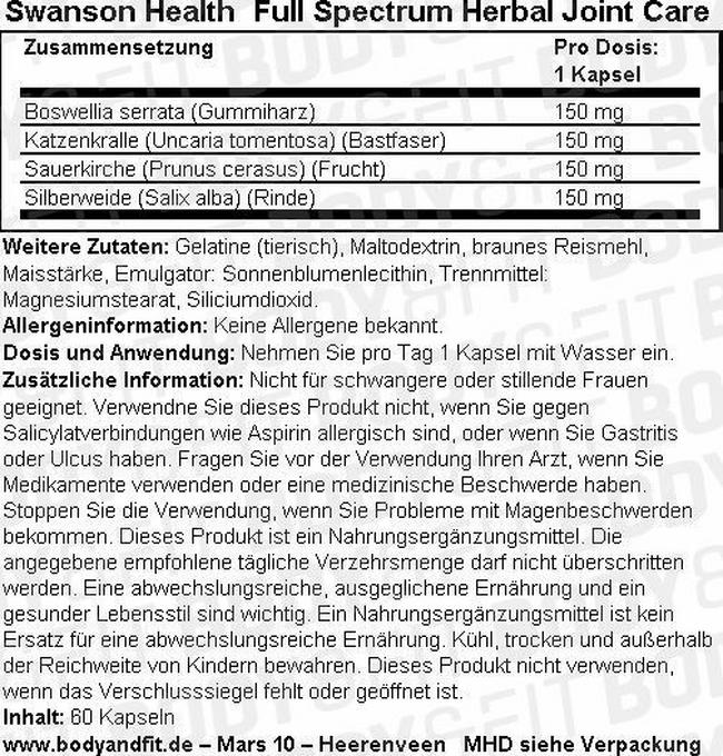 Full Spectrum Herbal Joint Care Nutritional Information 1