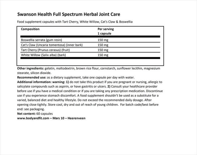 Full Spectrum Herbal Joint Care Nutritional Information 1