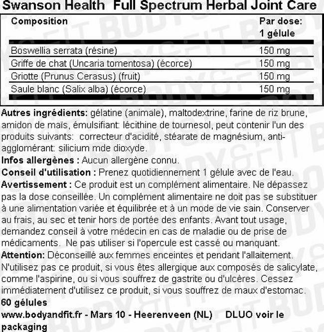 Full Spectrum Herbal Joint Care Nutritional Information 1