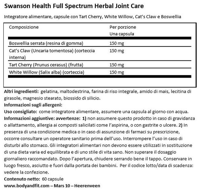 Full Spectrum Herbal Joint Care Nutritional Information 1