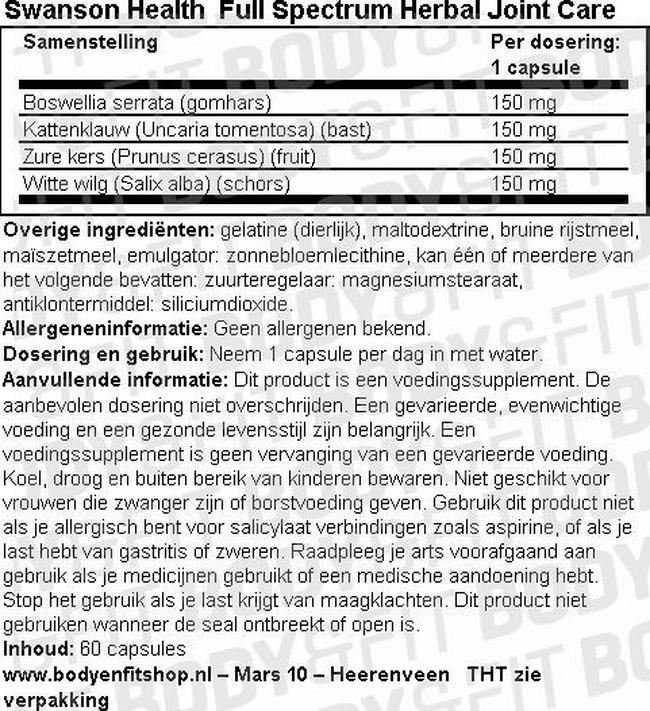 Full Spectrum Herbal Joint Care Nutritional Information 1