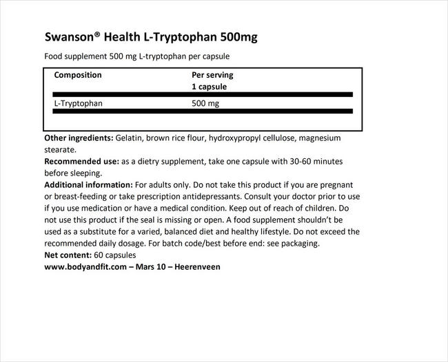 L-Tryptophan 500mg Nutritional Information 1