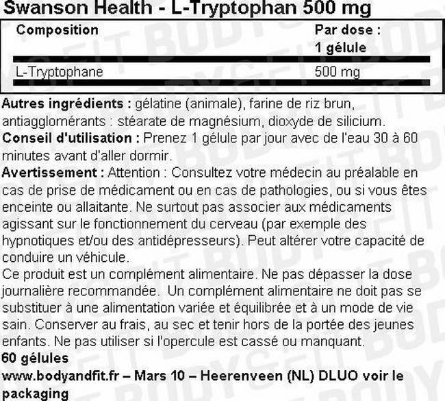 L-Tryptophan 500mg Nutritional Information 1