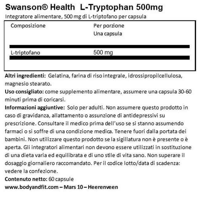 L-Triptofano 500 mg Nutritional Information 1