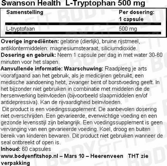 L-Tryptophan 500mg Nutritional Information 1
