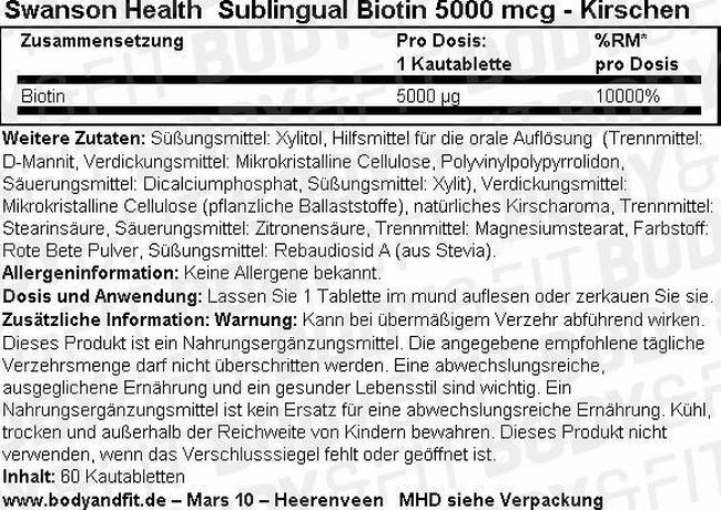 Sublingual Biotin 5000 mcg Nutritional Information 1