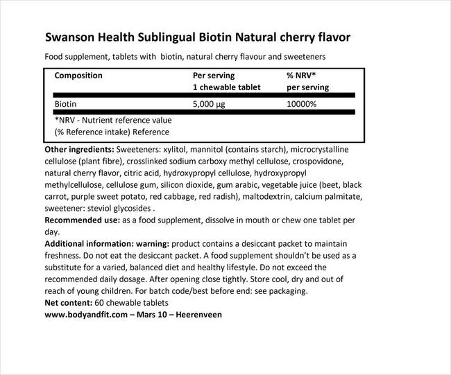Sublingual Biotin 5000µg Nutritional Information 1