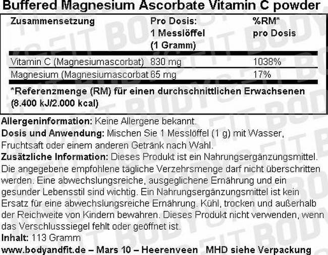 Buffered Magnesium Ascorbate Vitamin C Pulver Nutritional Information 1