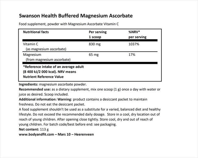 Buffered Magnesium Ascorbate Vitamin C powder Nutritional Information 1