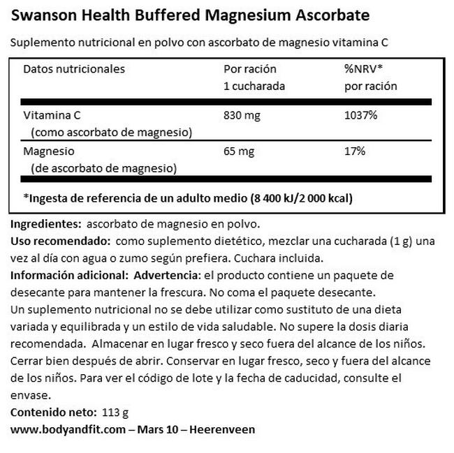 Buffered Magnesium Ascorbate Vitamin C powder Nutritional Information 1