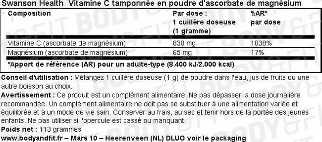 Vitamine C tamponnée en poudre d'ascorbate de magnésium Nutritional Information 1