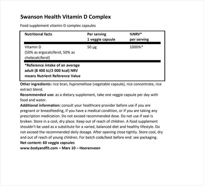 ビタミンDコンプレックス ウィズ ビタミンD2＆D3 Nutritional Information 1