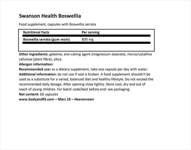 Full Spectrum Boswellia 800mg Nutritional Information 1