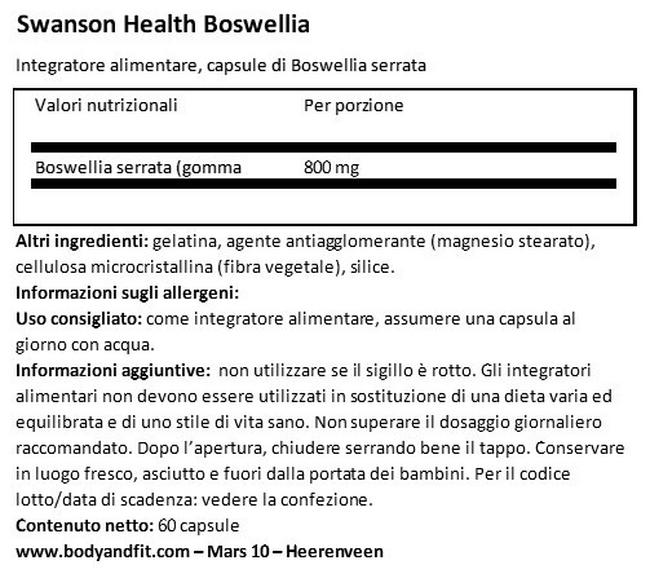 Full Spectrum Boswellia 800 mg Nutritional Information 1
