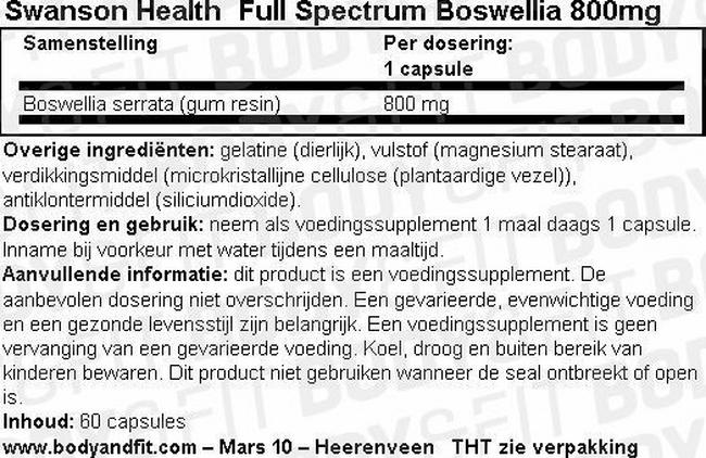 Full Spectrum Boswellia 800mg Nutritional Information 1