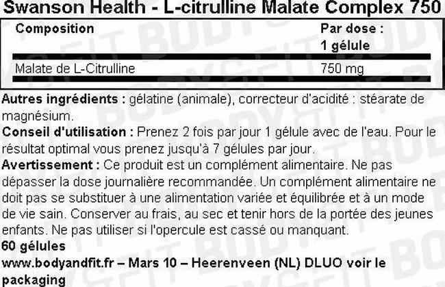 Gélules L-Citrulline Malate Complex 750 mg Nutritional Information 1