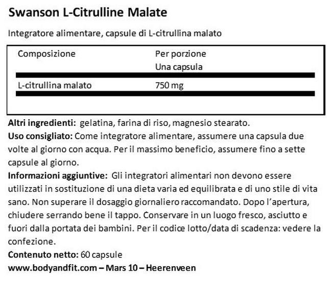Polvere di Citrullina Malato Complex 750 mg Nutritional Information 1
