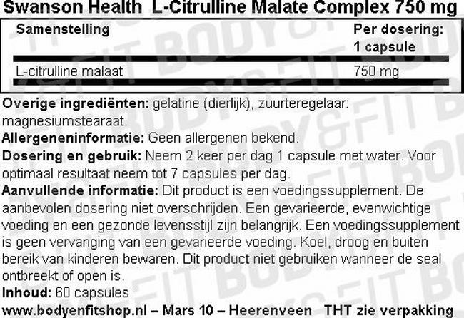 L-Citrulline Malate Complex 750mg Nutritional Information 1