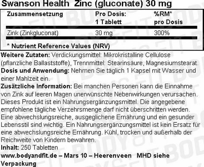 Zinc (Gluconate) 30 mg Nutritional Information 1