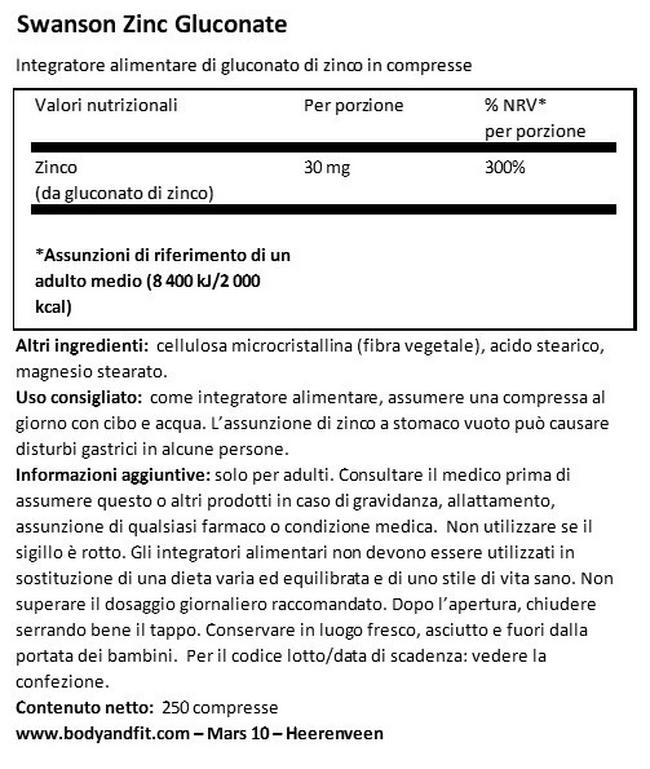 Zinco Gluconato 30 mg Nutritional Information 1